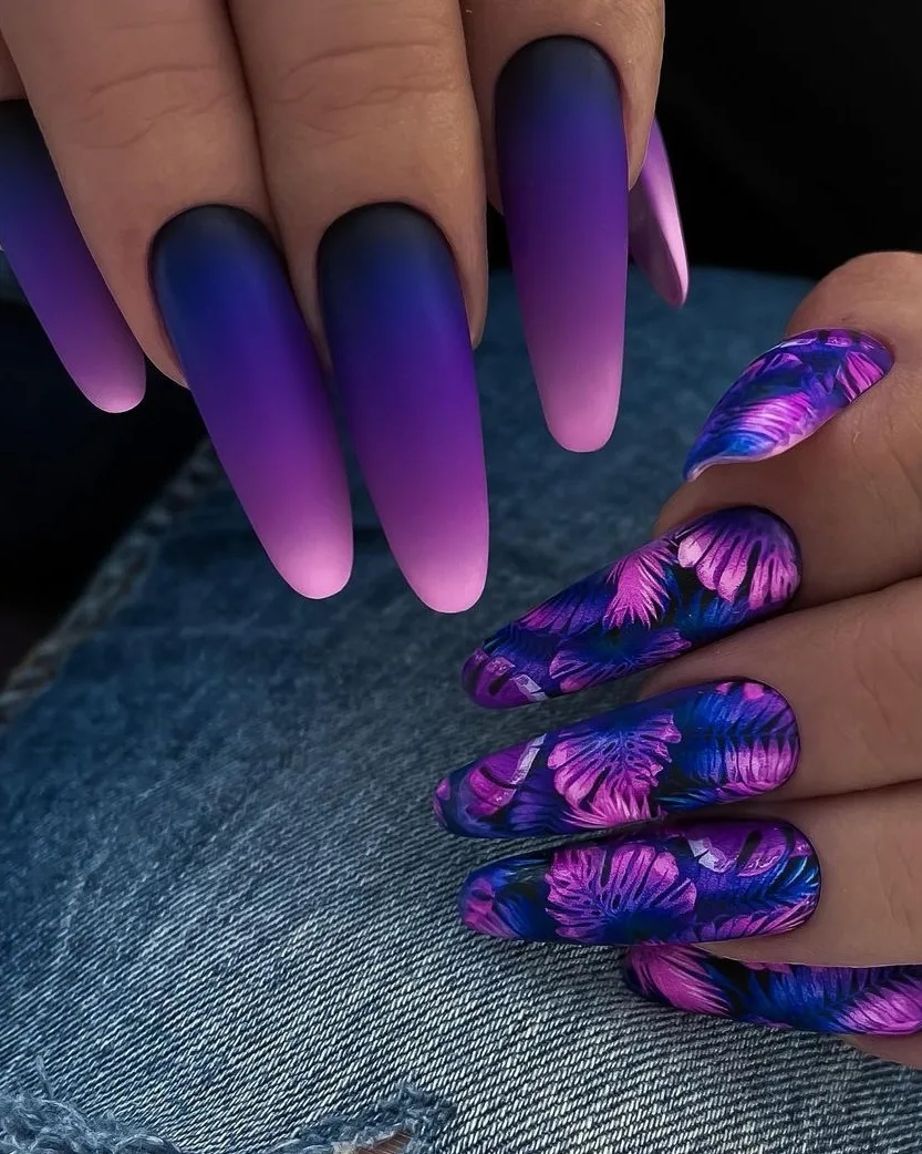 Matte Purple Ombre and Tropical Palm Art Coffin Nails
