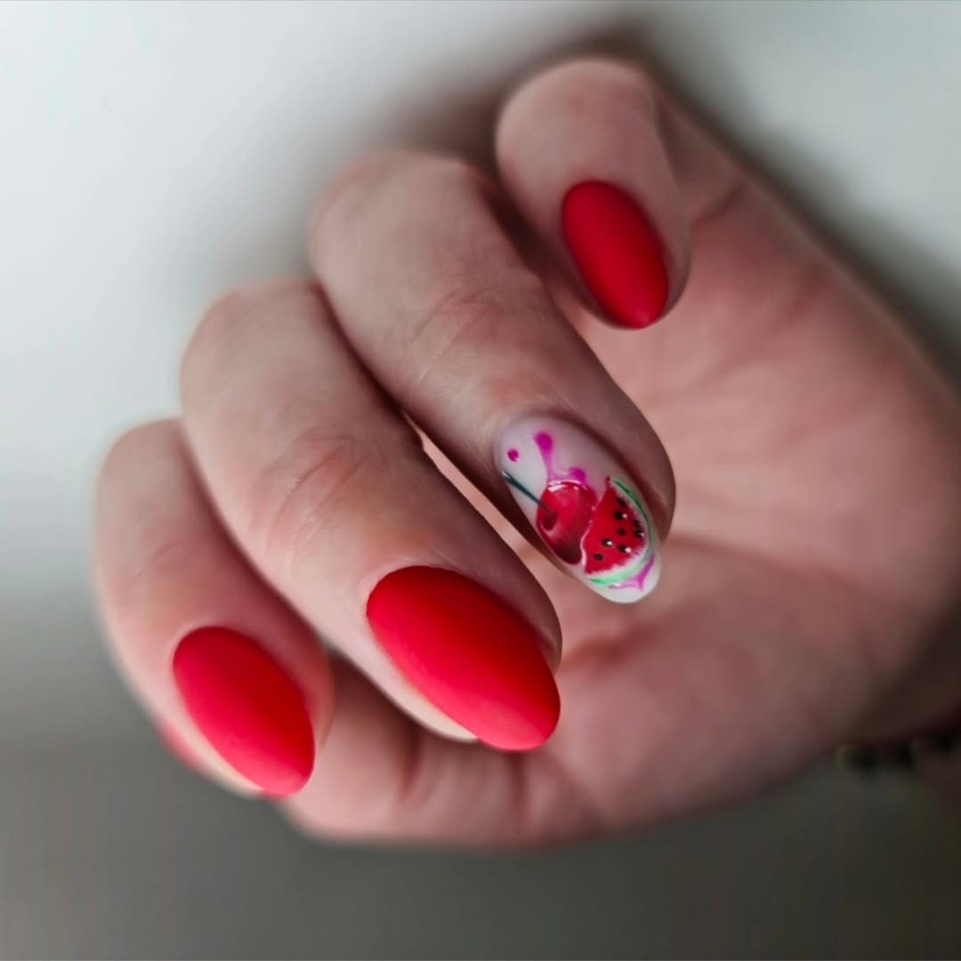 Matte Red Almond With Summer Fruit Accent Nail
