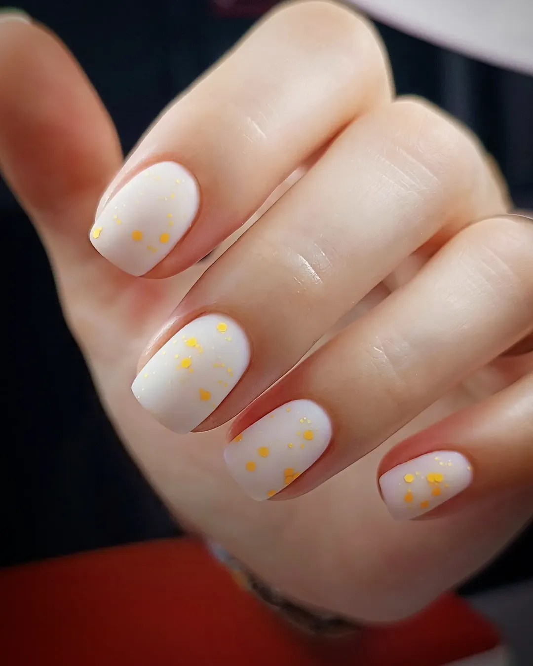Matte White Speckled Gold Confetti Short Round Nails