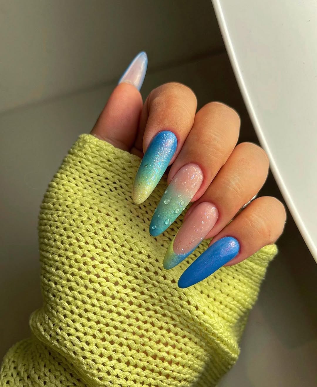 Mermaid Core Blue Green Ombre Dewdrop Coffin Nails