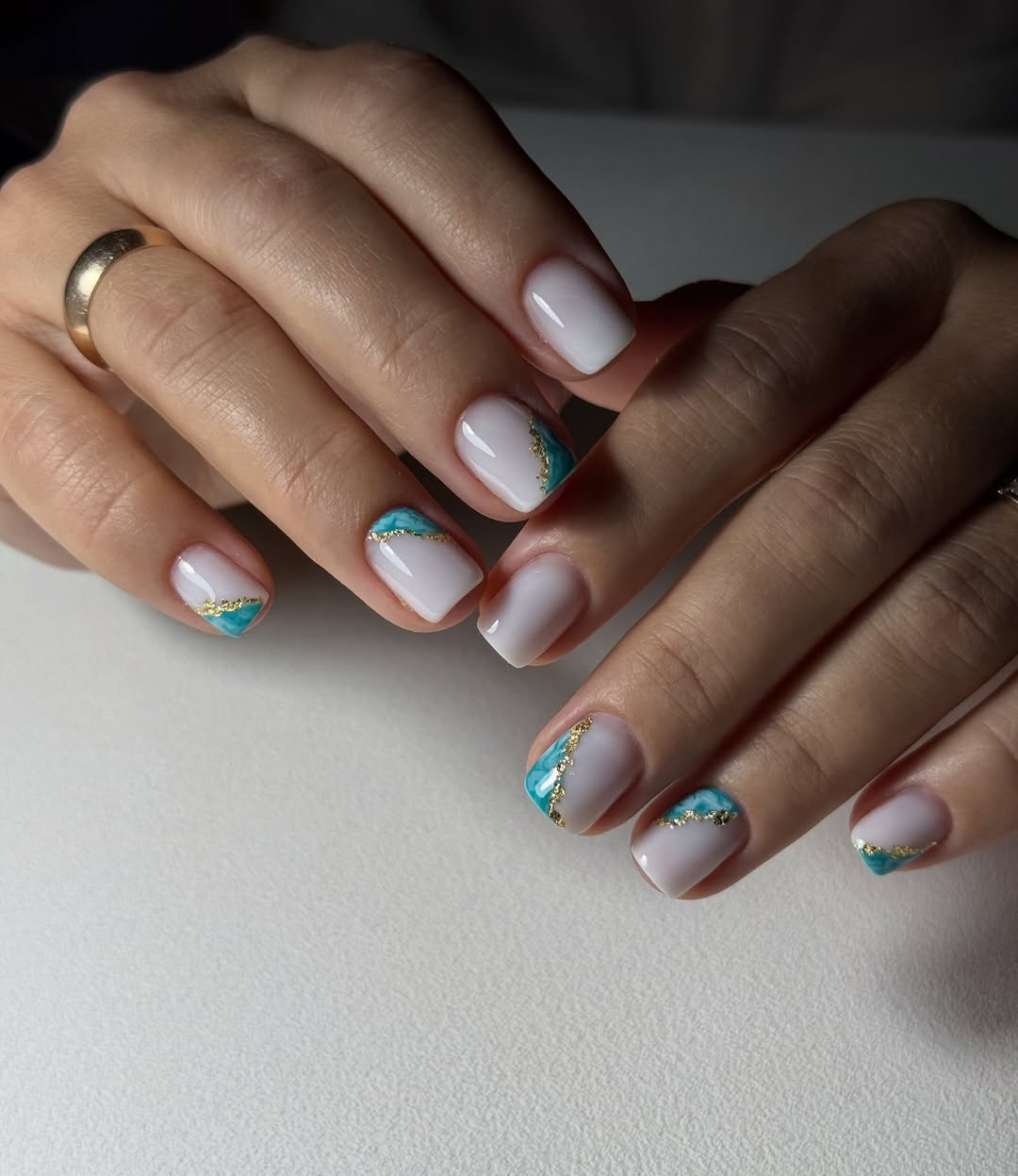 Milk White Teal Gold Abstract Art Squoval Nails