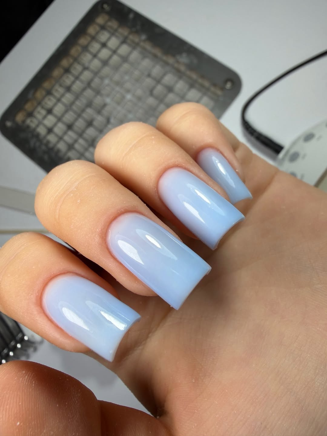 Milky Blue Square Gradient Long Glossy Nails