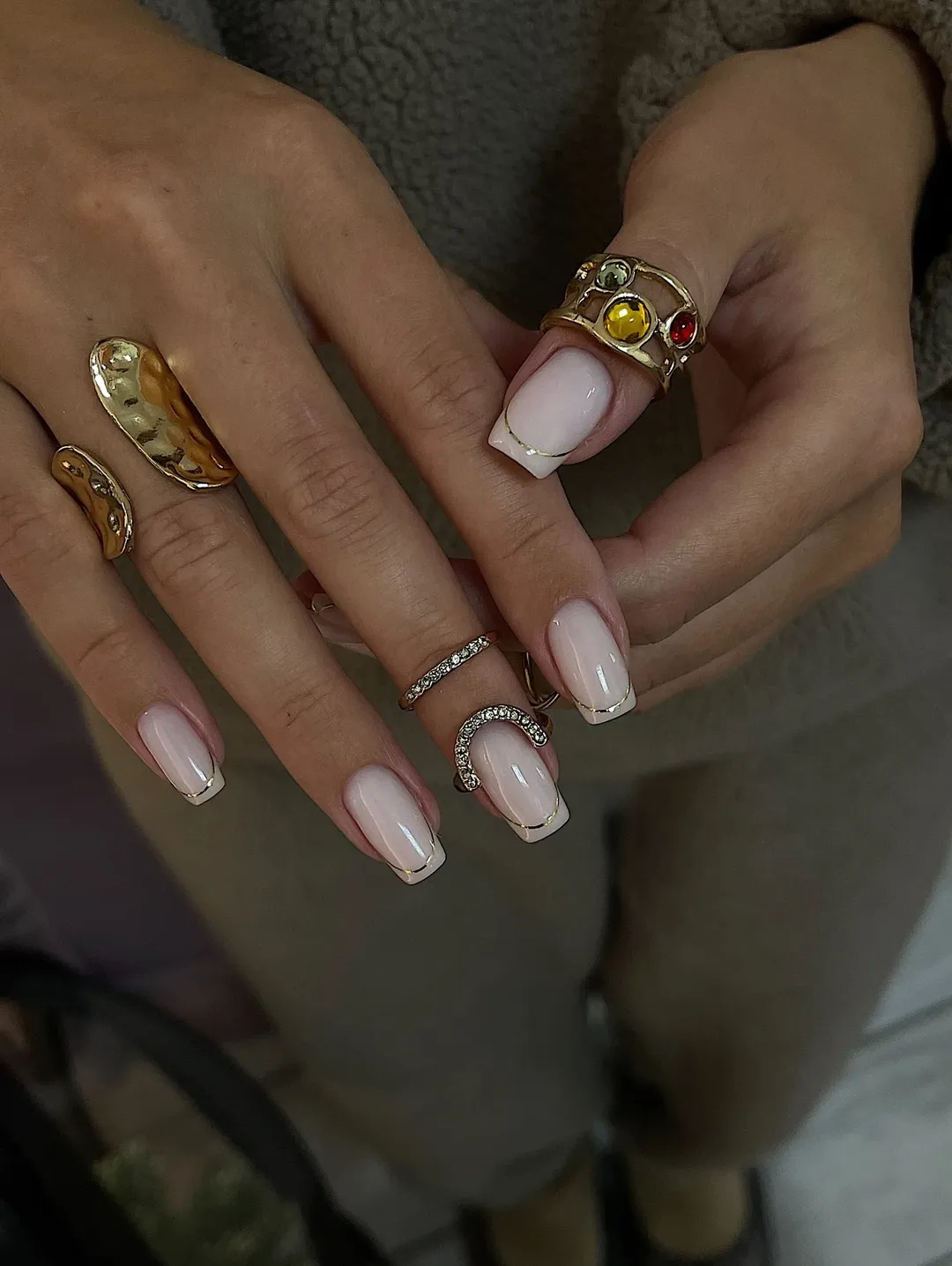 Milky Pink French Tips With Gold Half-Moon Detail