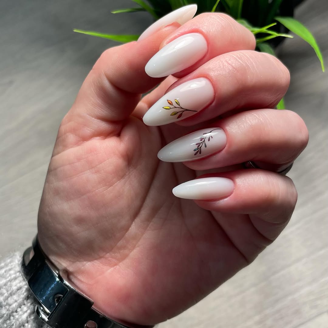 Milky White Almond Nails With Leaf Decals