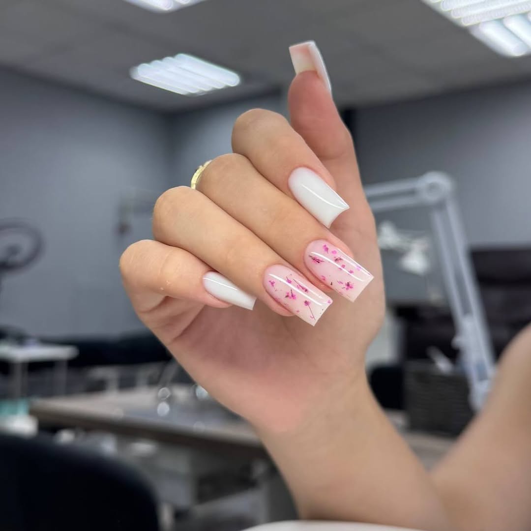 Milky White and Pink Floral Coffin Nails
