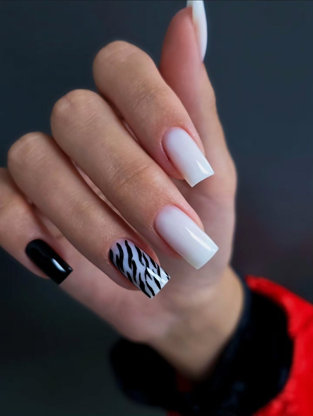 Milky White Black Zebra Print Square Nails
