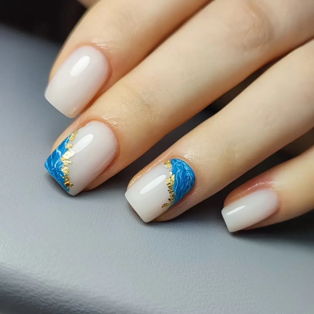Milky White Blue Wave Gold Flake Square Nails