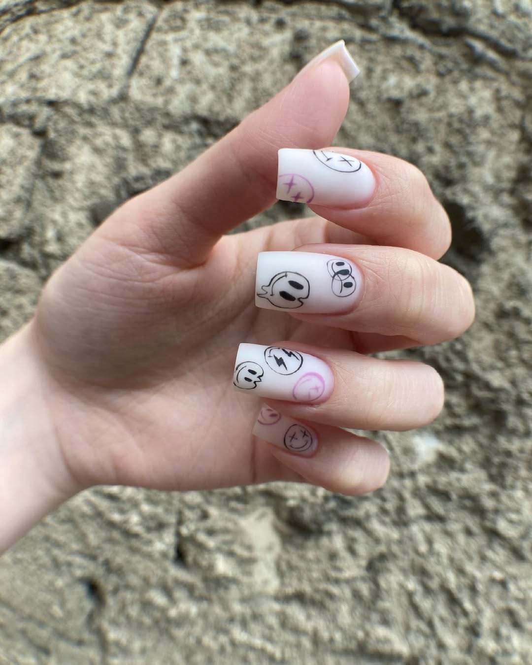 Milky White Cartoon Emoji Long Square Manicure