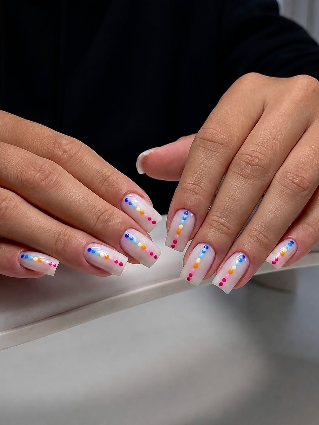 Milky White Coffin Nails with Rainbow Dot Art