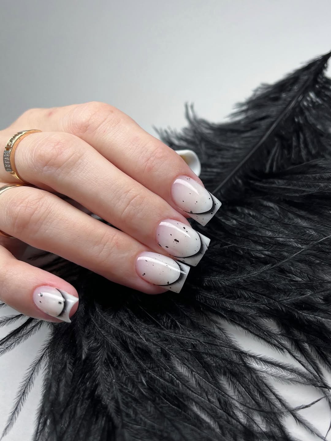 Milky White Dots Black Outline Square Nails