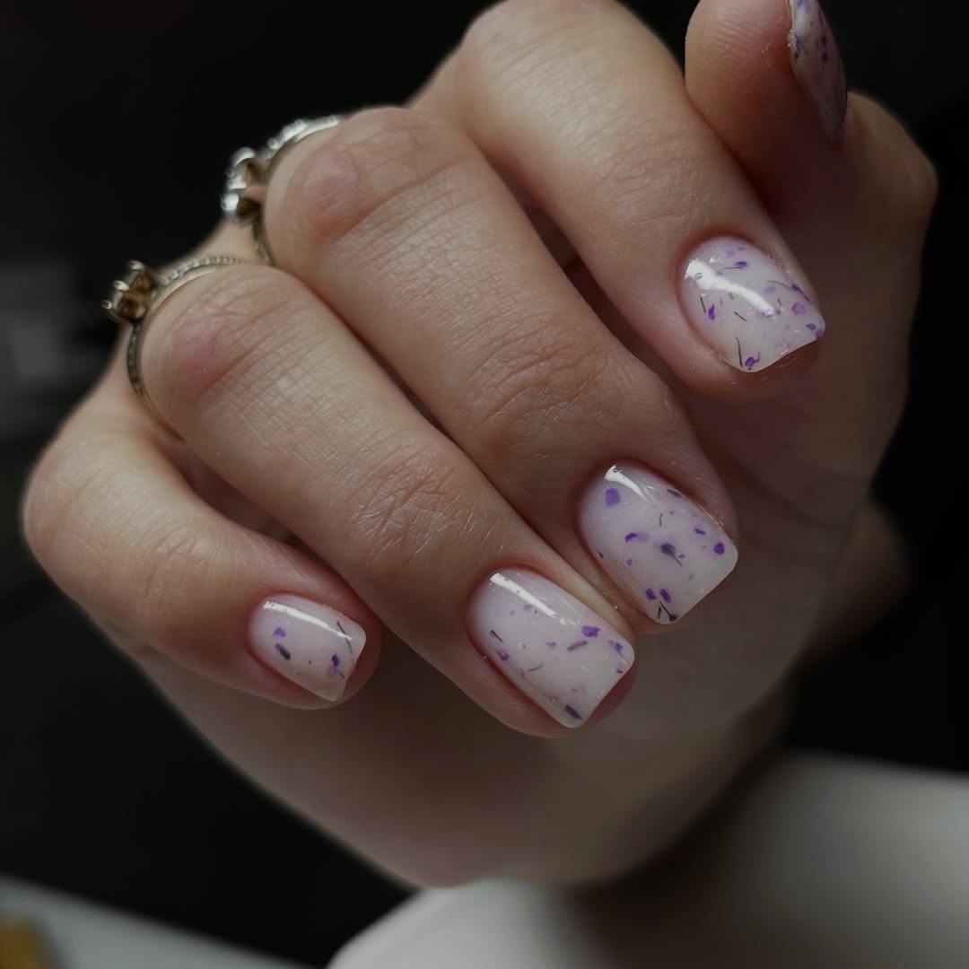 Milky White Encapsulated Lilac Petals Short Square Nails