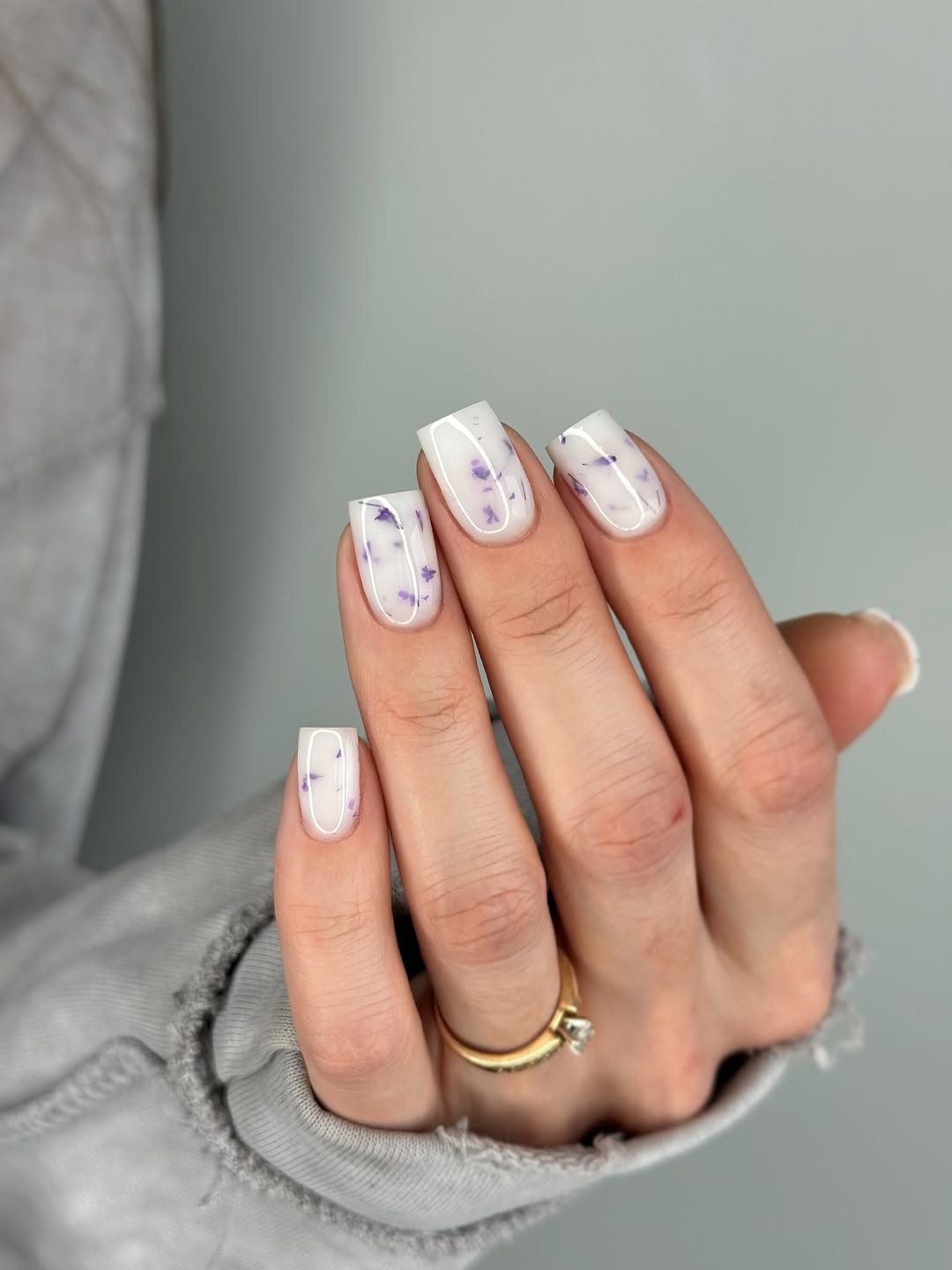 Milky White Encapsulated Purple Floral Square Nails