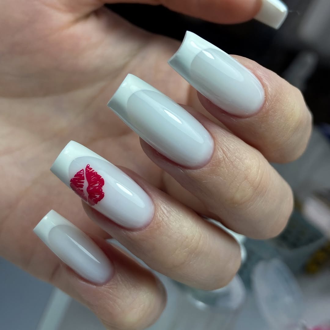 Milky White Extra-Long Square French with Kiss Decal