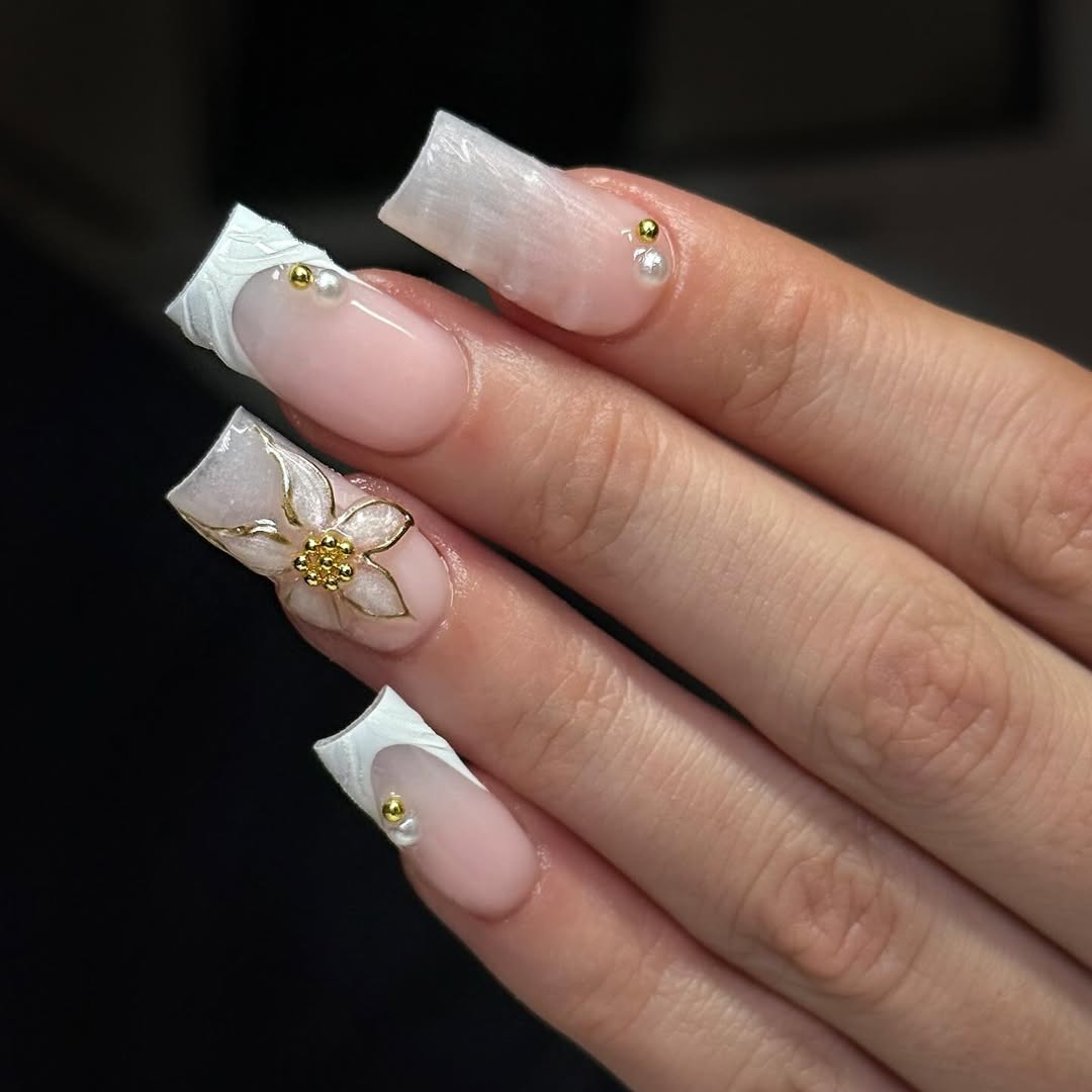 Milky White Floral 3D French Tips With Pearls