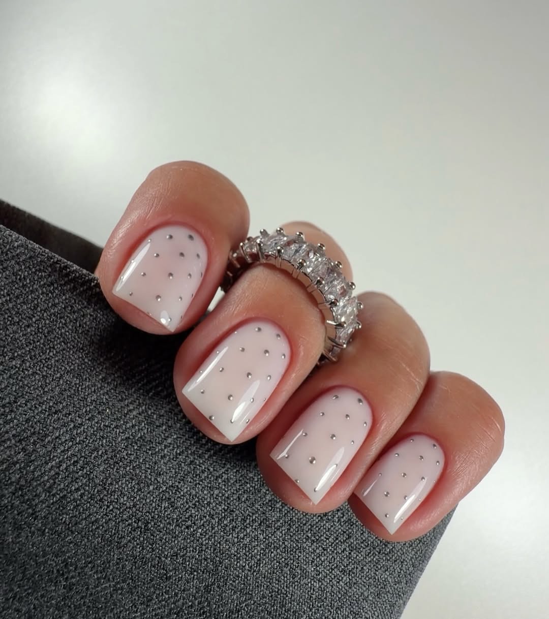 Milky White Glossy Nails With Silver Microbead Art