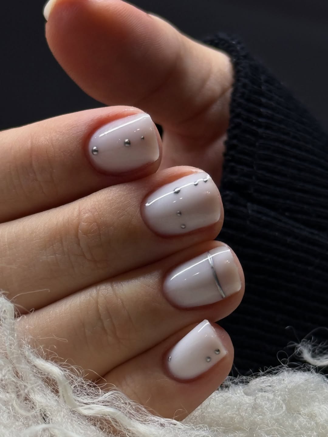 Milky White Glossy Square Nails with Silver Studs