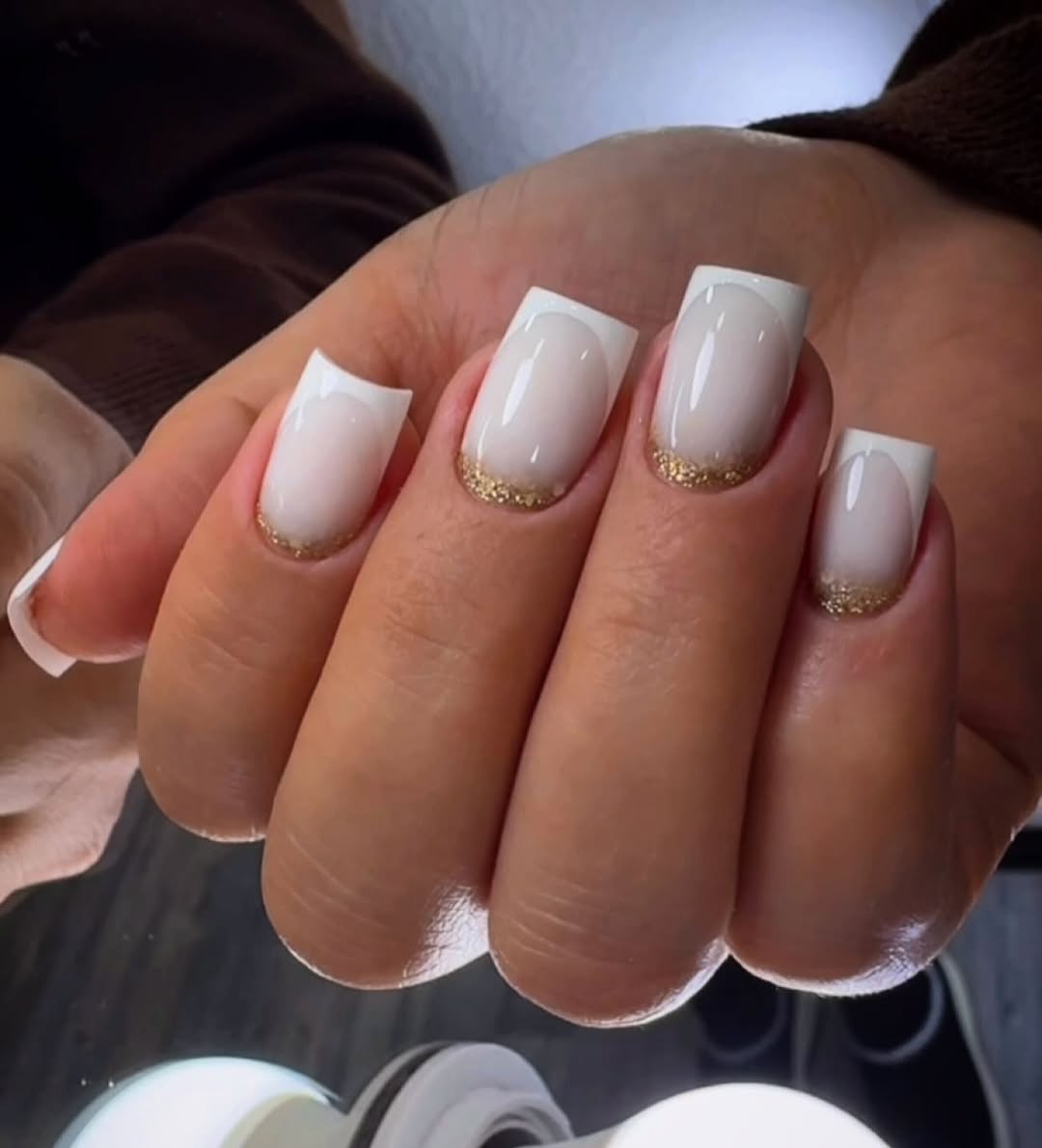 Milky White Gold Glitter French Tip Square Nails