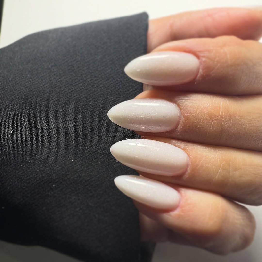 Milky White Shimmer Oval Summer Nails