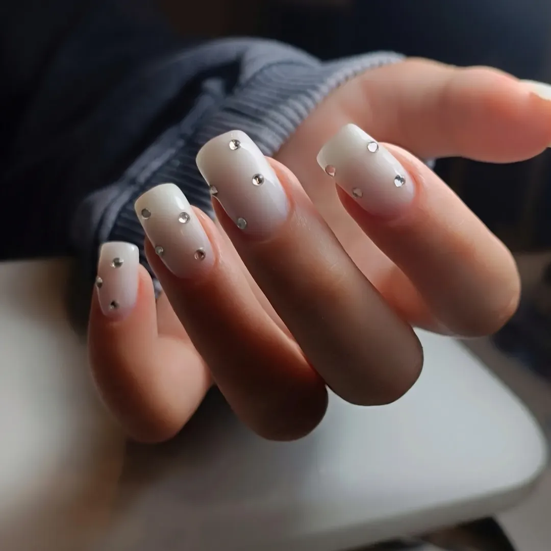 Milky White Square Nails Dotted Rhinestones