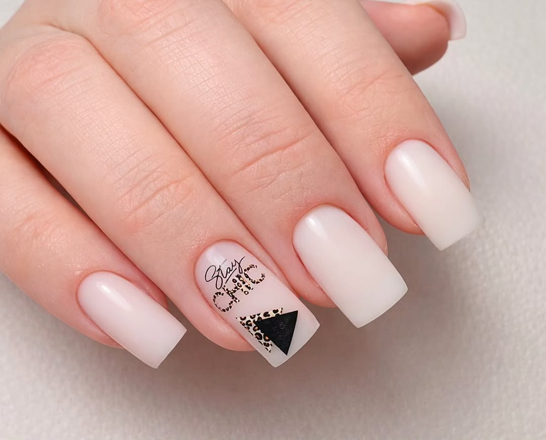 Milky White Squoval Nails With Leopard Decals