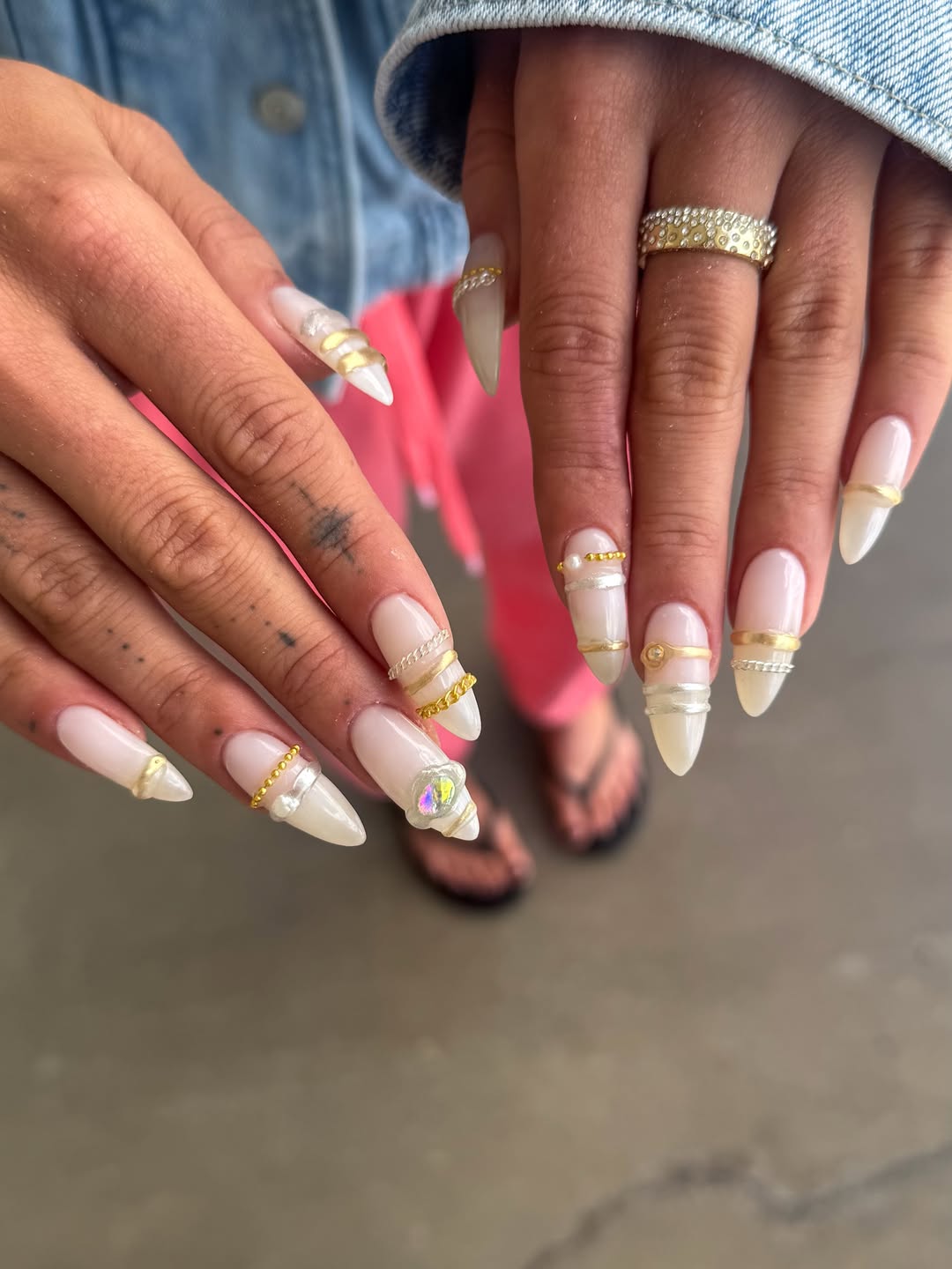 Milky White Stiletto Gold and Silver Accents