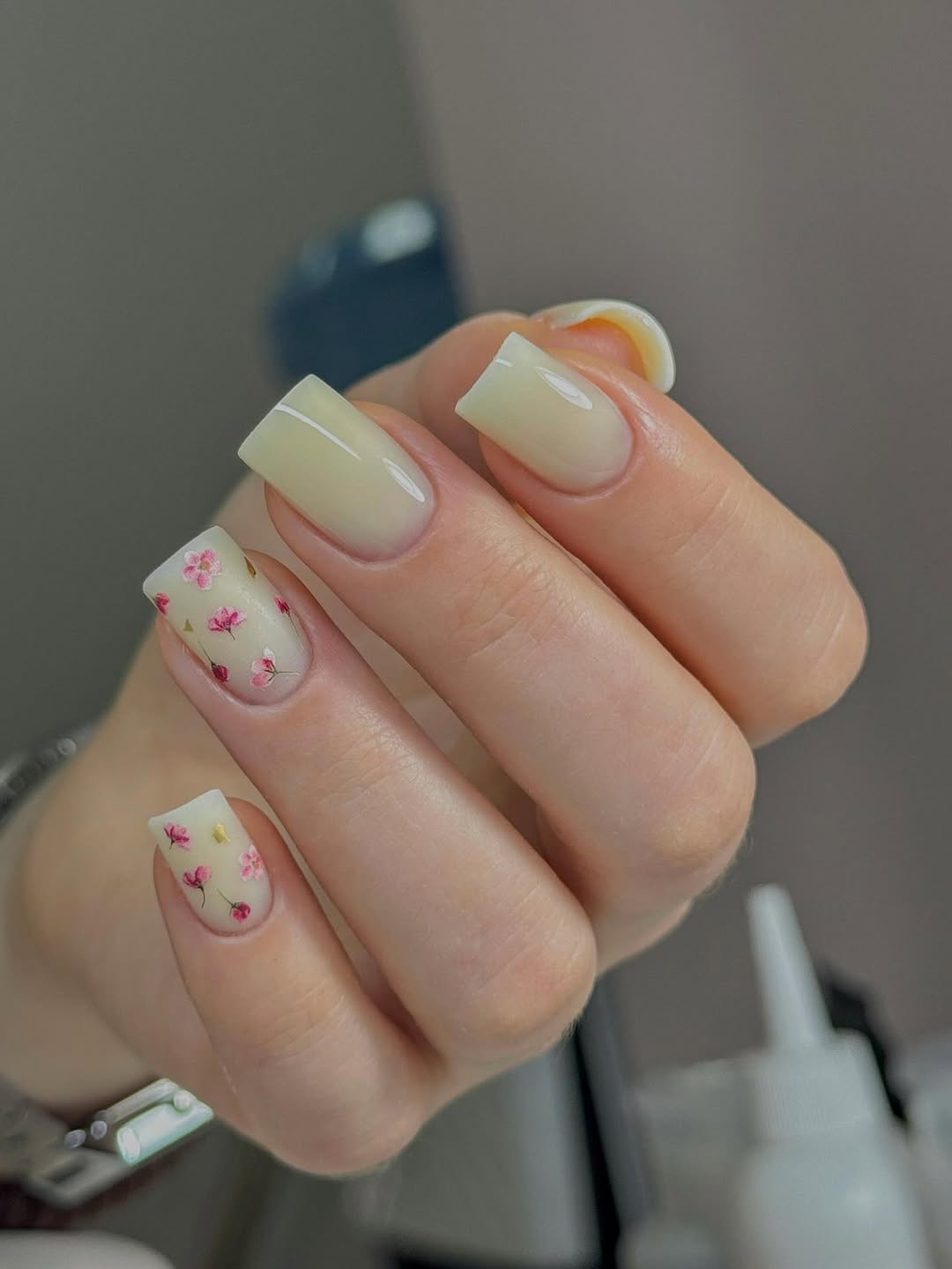 Milky Yellow Floral Decal Glossy Square Nails