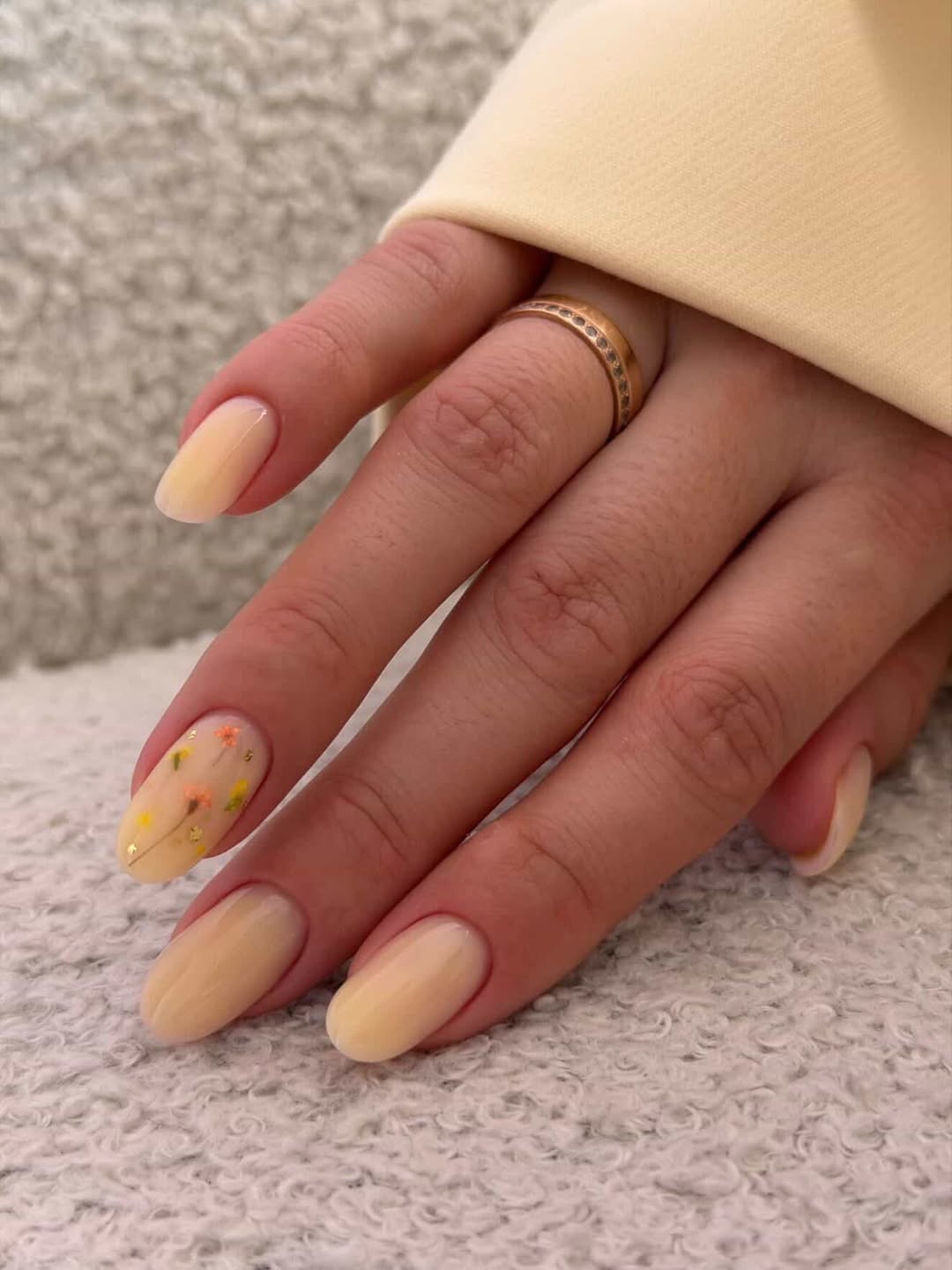 Milky Yellow Floral Encapsulated Oval Nails