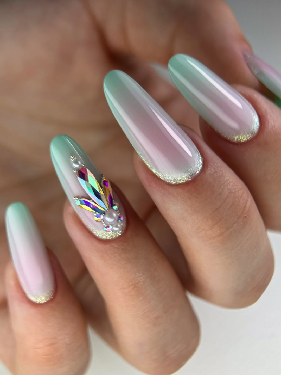 Mint and Pink Ombre Almond Rhinestone Nails