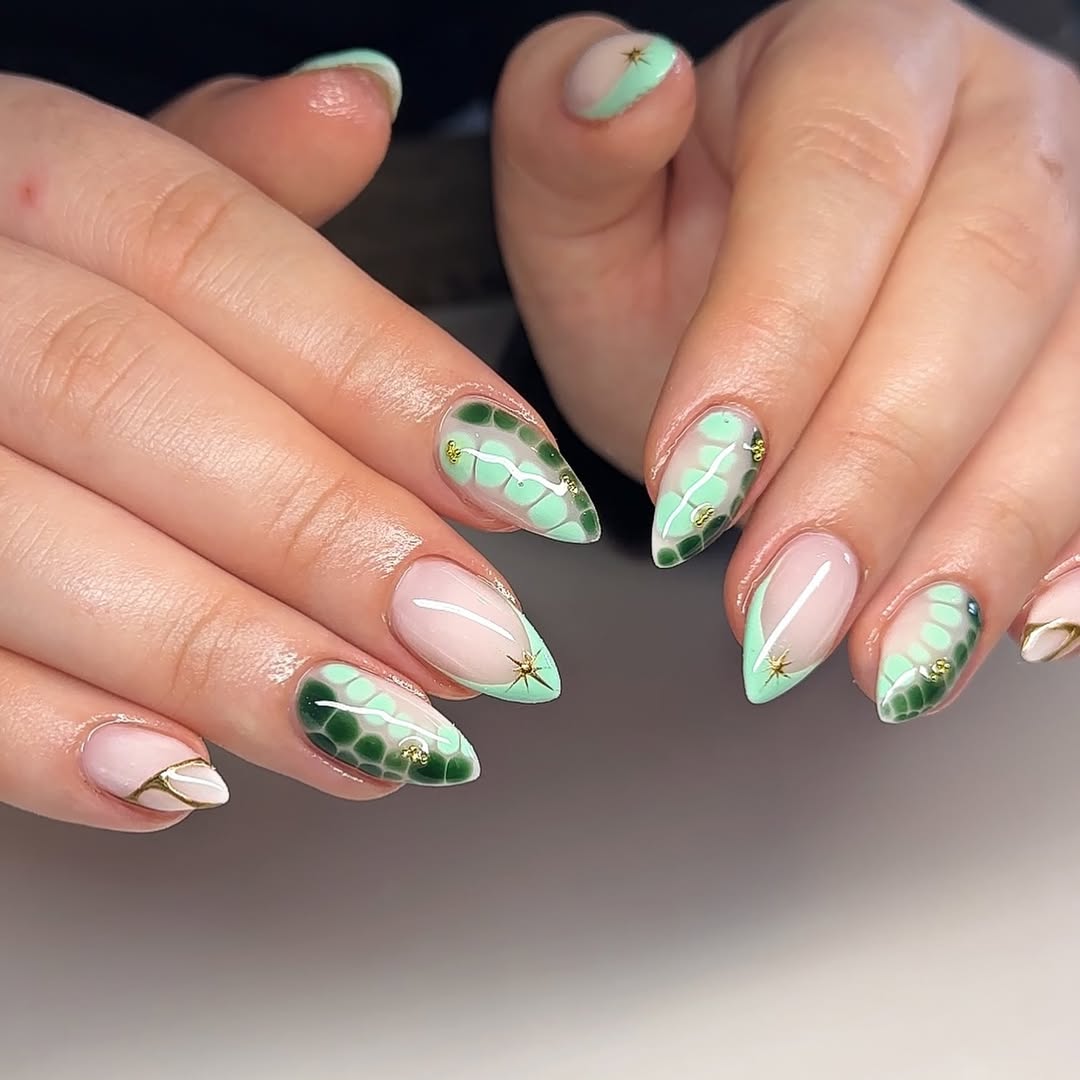 Mint Green and Emerald Scale Almond Abstract Nails