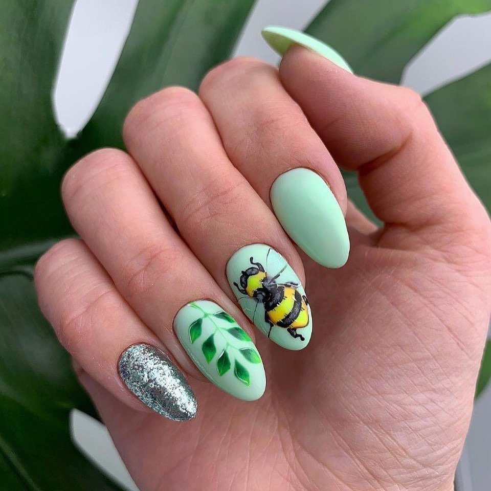 Mint Green Bee Leaves Glitter Almond Nails