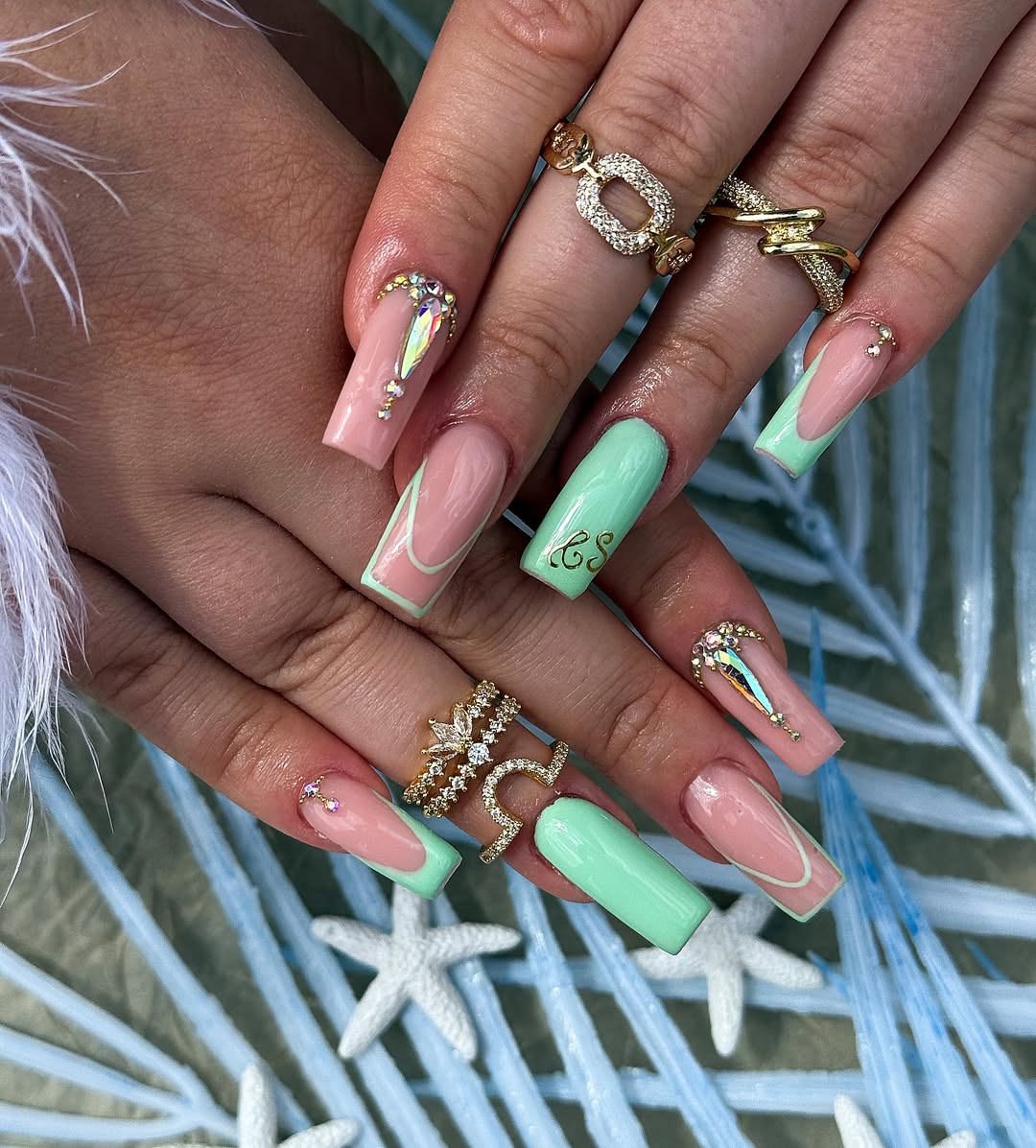 Mint Green Bling French Tip XL Coffin Nails