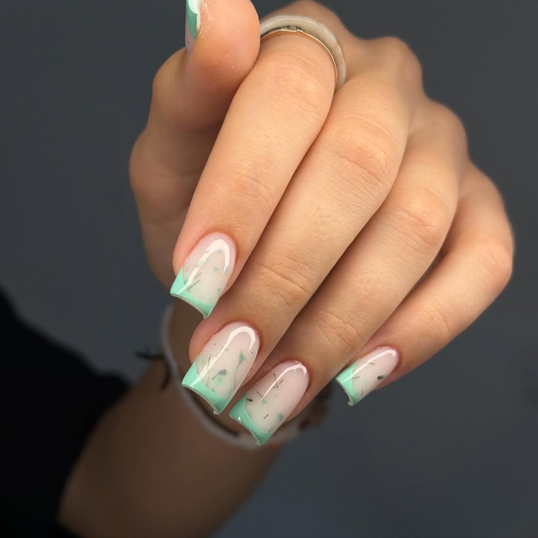 Mint Green Encapsulated Dandelion Jelly French Tips