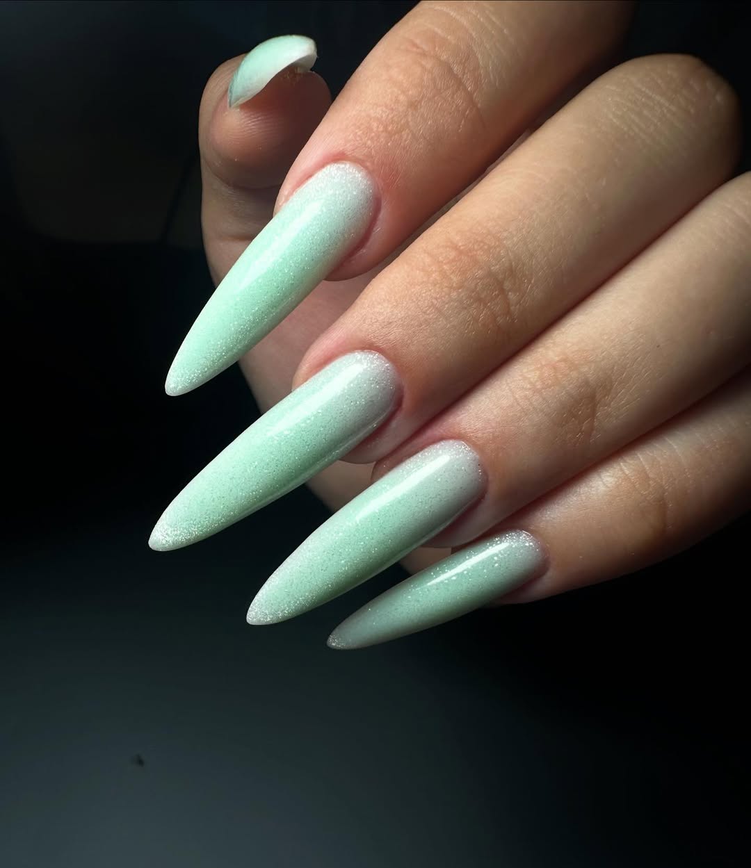 Mint Green Ombré Glitter Stiletto Nails
