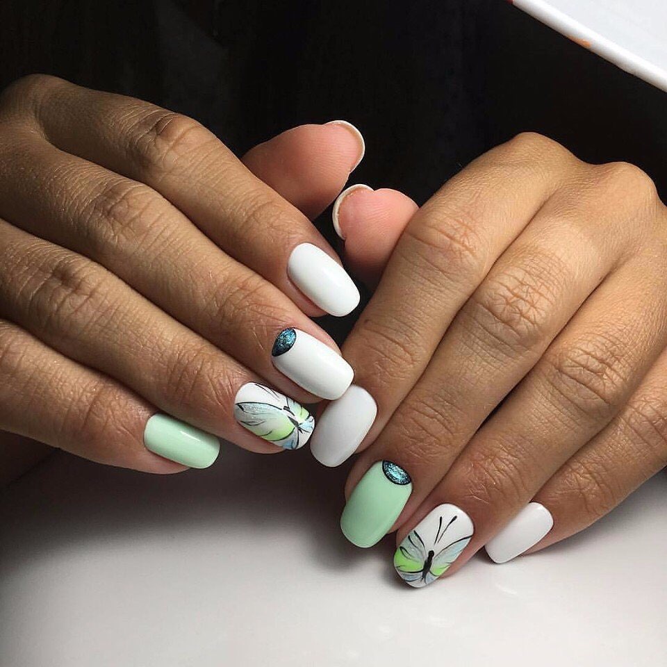 Mint Green, White, and Butterfly Mix-and-Match Nails