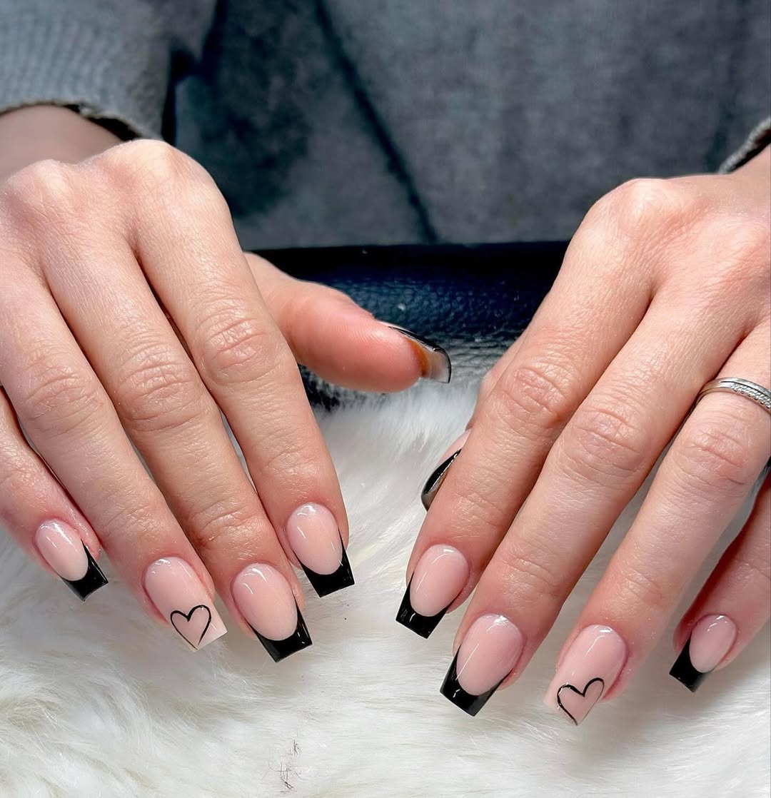 Modern Black V-French Tips With Delicate Heart Accent