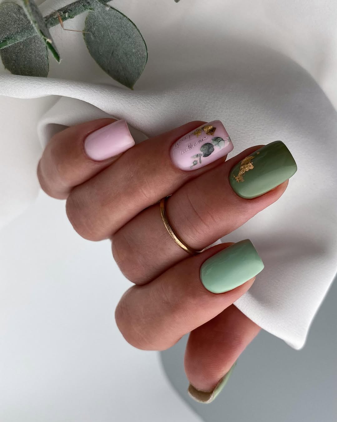 Muted Green and Pink Floral Gold Flake Manicure