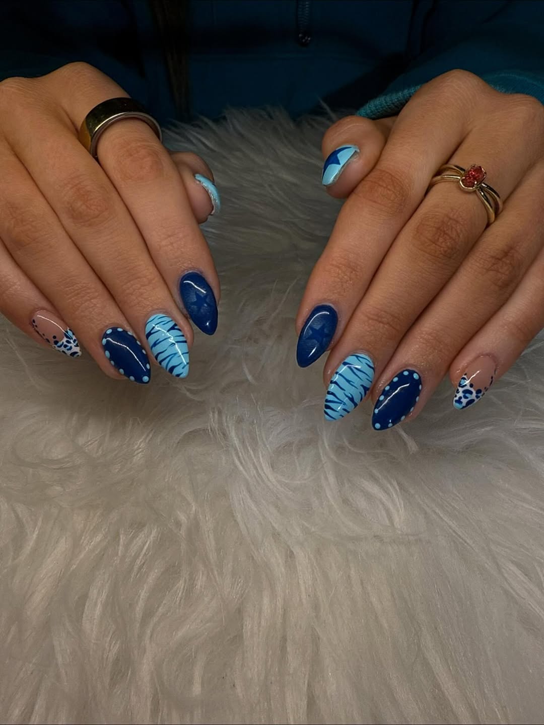 Navy Blue and Sky Blue Abstract Almond Nails
