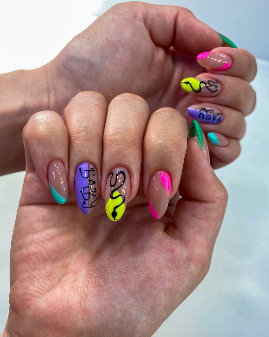 Neon Abstract Doodle Almond Summer Nails