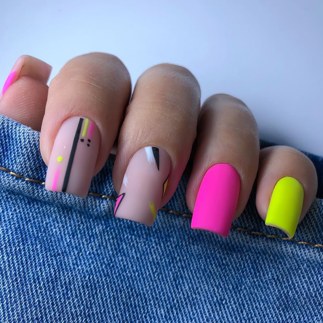 Neon Abstract Matte Pink and Yellow Summer Nails