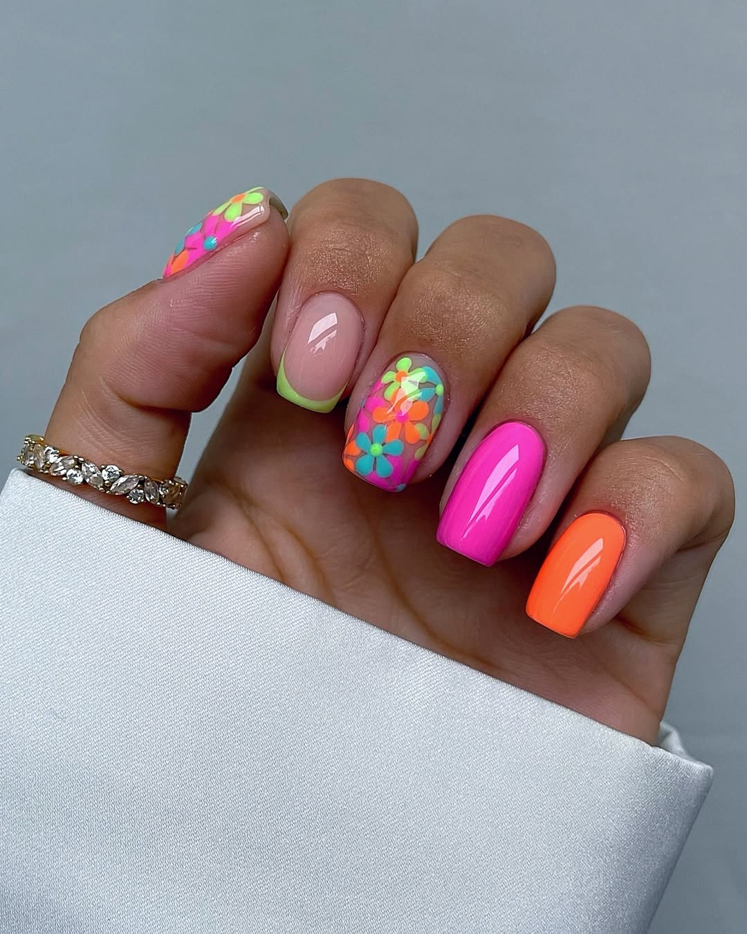 Neon Blossom Mismatched Square Nails