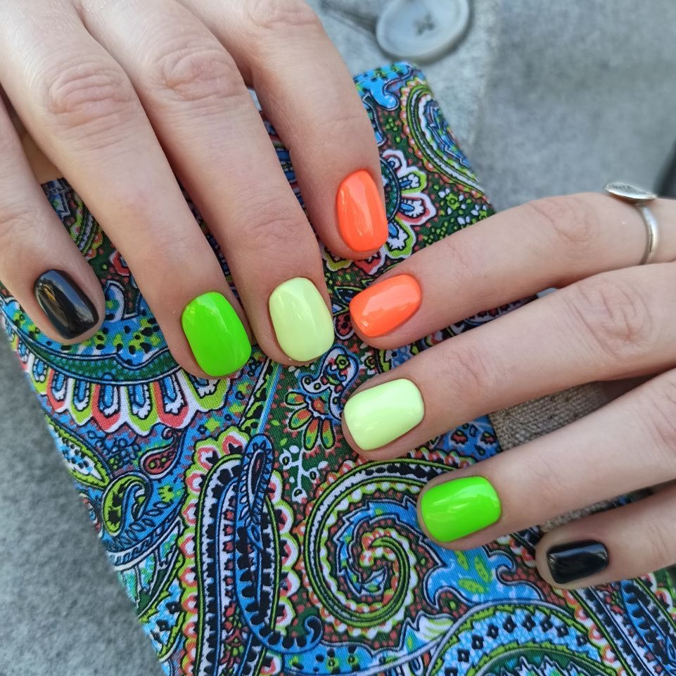 Neon Bright Mismatched Short Squoval Summer Nails