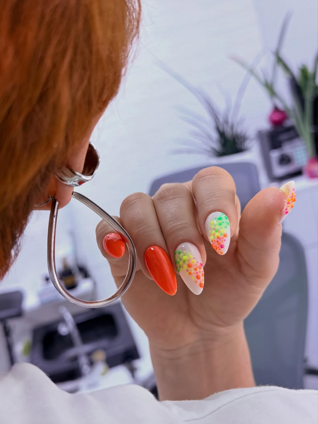 Neon Dotted Almond Nails with Orange Solids