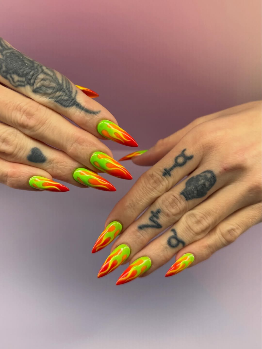 Neon Flame Stiletto Nails with Red and Orange