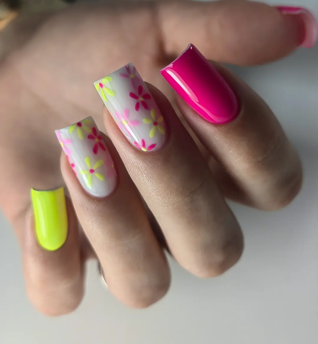 Neon Floral Glossy Squoval Mismatched Summer Nails