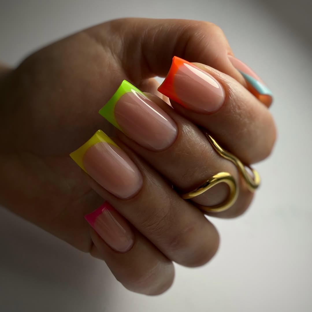Neon French Tips Rainbow Square Nails