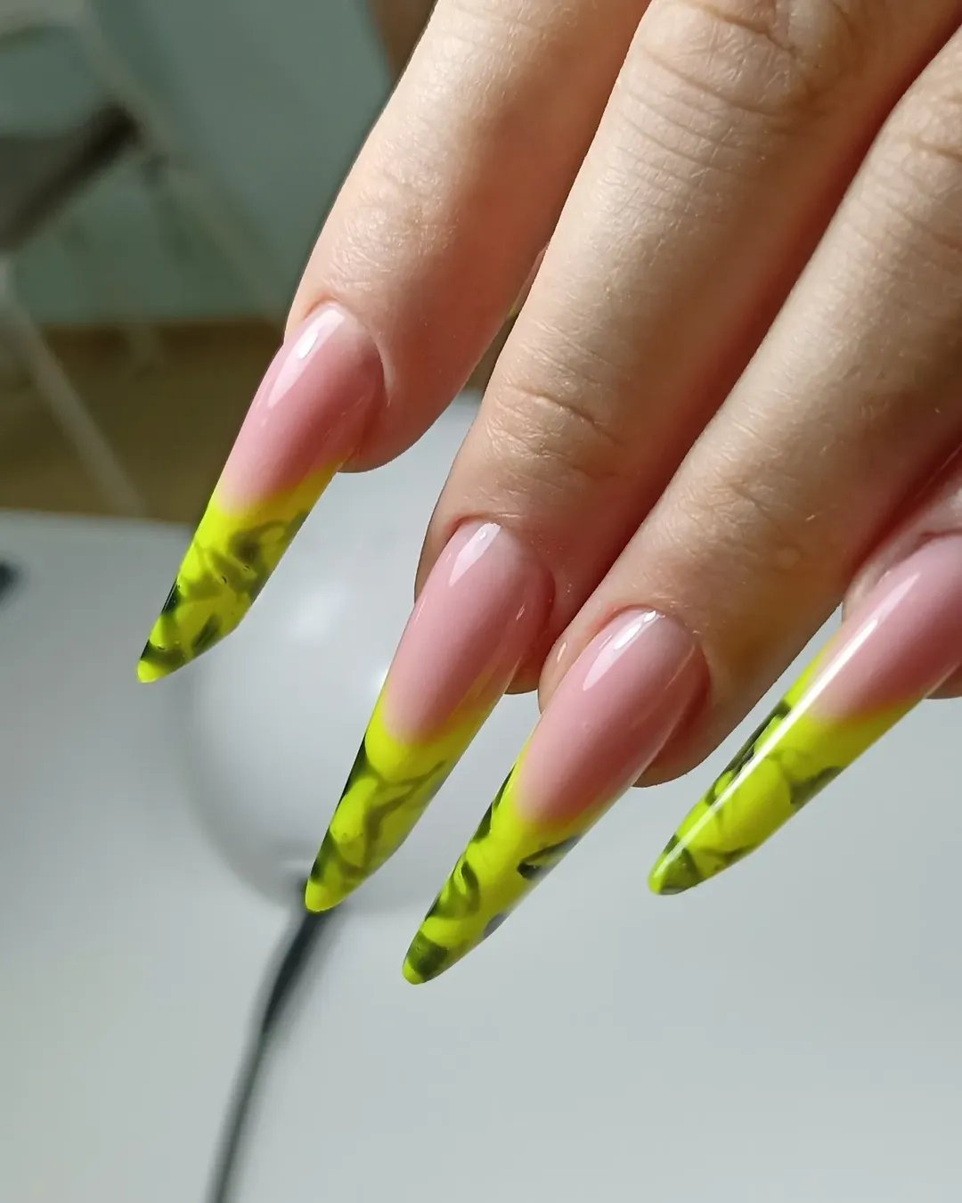 Neon Green Abstract French Tip Stiletto Nails