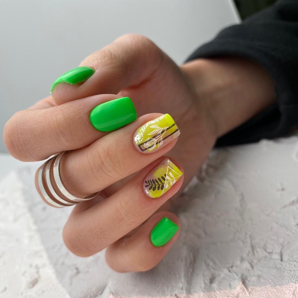 Neon Green and Yellow Leaf Accent Nails