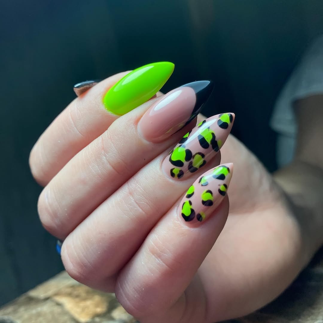 Neon Green Black French Tips and Leopard Print