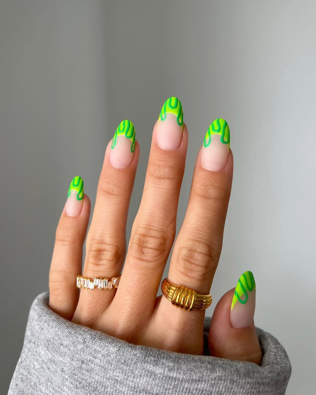 Neon Green Drip Almond Nails
