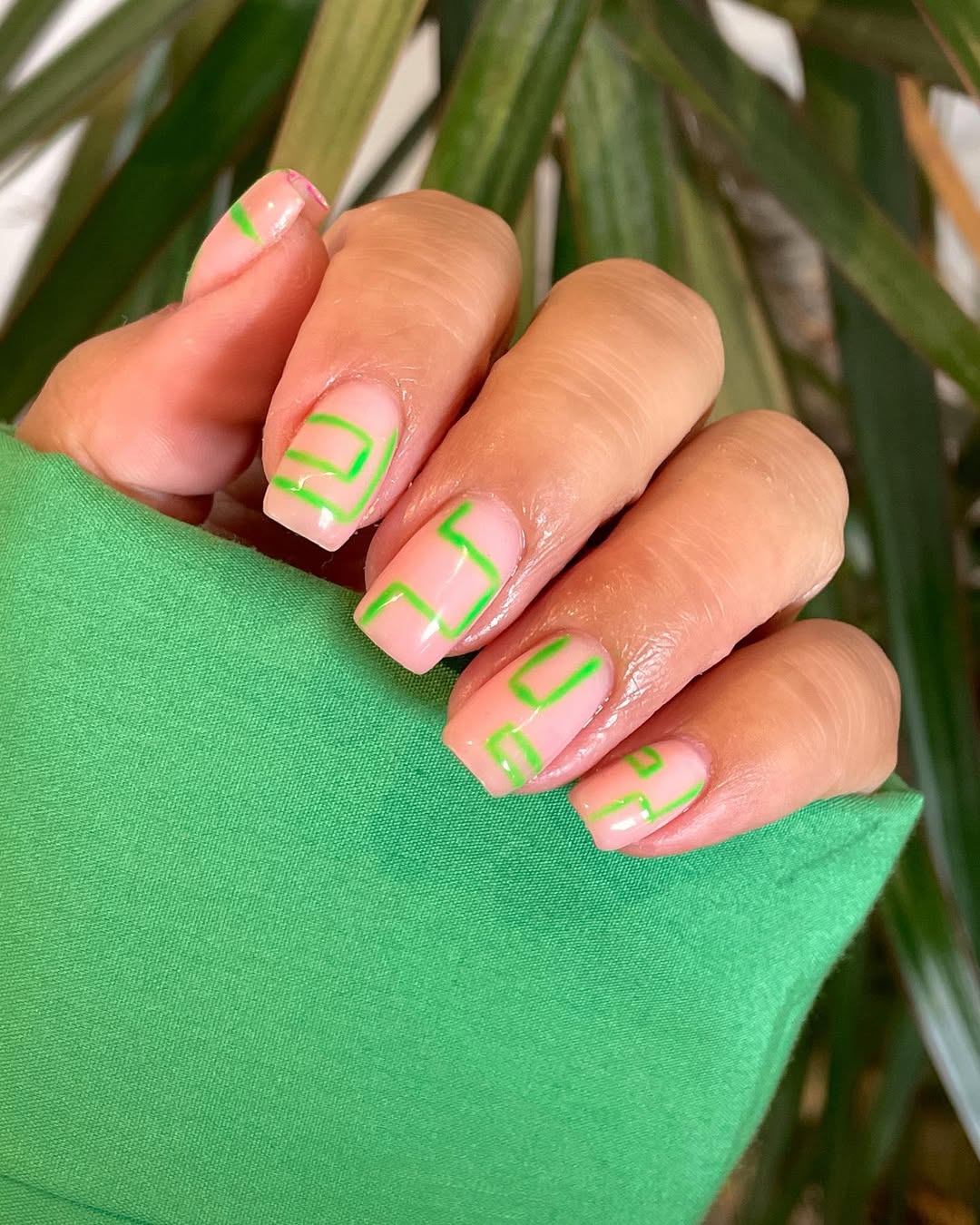 Neon Green Geometric Lines on Sheer Pink